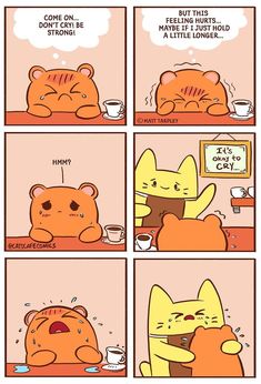 the comic strip shows that cats are drinking coffee and talking to each other while sitting at a table