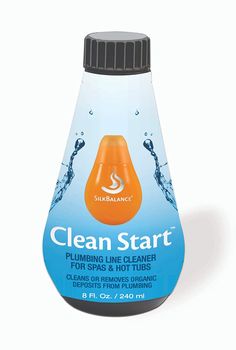 a bottle of clean start cleaning liquid on a white background with water running down it