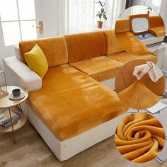 the sectional couch is made from orange velvet and has a circular shaped pillow on it