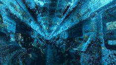 an abstract image of people walking through a tunnel in the blue light with bubbles all over them