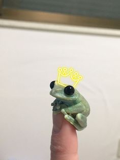 a small frog with a crown on its head sitting on someone's finger in front of a white wall