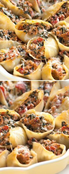 two pictures of stuffed shells with meat and sauce