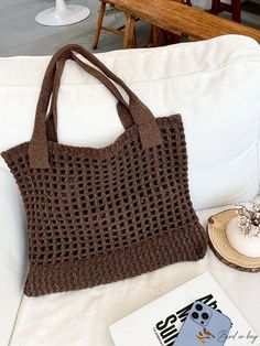 BirdinBag - Knitted Shopping Bag with Ample Space and Unique Hollow Out Design Knitted Tote Beach Bag For Daily Use, Crochet Shoulder Bag For Vacation, Knitted Tote Beach Bag, Casual Crochet Travel Bag, Casual Knitted Crochet Travel Bag, Casual Knitted Rectangular Shoulder Bag, Casual Brown Knitted Bags, Rectangular Knitted Shoulder Bag For Beach, Knitted Rectangular Shoulder Bag For Beach