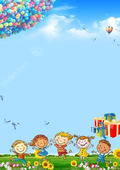 children playing in the field with balloons and gifts on a blue sky background, there is an empty space for your text