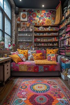 the room is decorated with colorful rugs and bookshelves, along with many other items