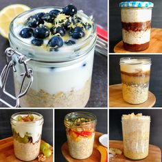 there are many different pictures of food in the jars on the table, including oatmeal and blueberries