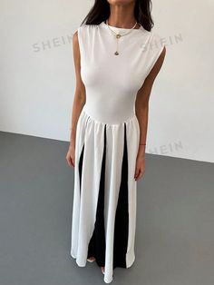 Type:A Line \nStyle:Elegant \nHem Shaped:Flared \nWaist Line:High Waist \nNeckline:Stand Collar \nDetails:Zipper \nColor:Black and White \nPattern Type:Colorblock \nPattern Type:Striped \nSleeve Length:Sleeveless \nFit Type:Slim Fit \nLength:Long \nMaterial:Knitted Fabric \nComposition:97% Polyester \nComposition:3% Elastane \nCare Instructions:Machine wash, do not dry clean \nSheer:No \nFabric:Medium Stretch \n Red Mini Dress, Cinched Waist, Wine Red, Dress P, Stand Collar, White Color, Date Night, Color Blocking, Color Block