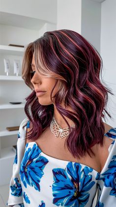 Dimensional Red Balayage, Plum Blonde Hair, Wine Red Hair With Blonde Highlights, Burgundy Blonde Balayage, Bright Red And Blonde Hair Color, Red Hair With Silver Highlights, Cherry Highlights, Wavy Balayage, Wine Red Hair Color