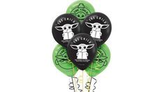 five black and green balloons with baby yoda in the middle, on white background