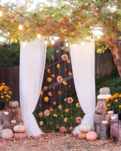 an outdoor ceremony with flowers and pumpkins hanging from the tree trunk in front of it