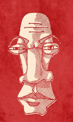 a drawing of a man's face on a red background