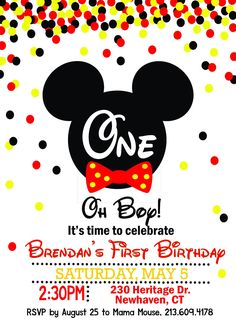 a mickey mouse birthday party with confetti and polka dots on the background, it's time to celebrate