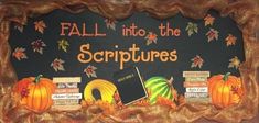 a sign that says fall into the scripturess with pumpkins and books on it