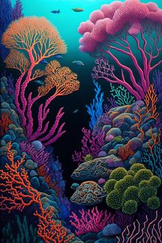 an underwater scene with corals and seaweed