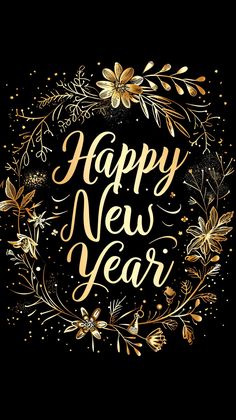 a happy new year greeting card with gold lettering and flowers on a black background,