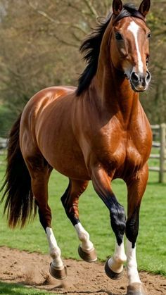 a brown horse is trotting in the grass