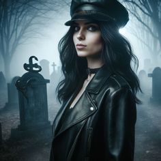 a woman wearing a black hat and leather jacket standing in front of a grave yard