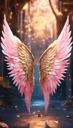 two pink angel wings are in the middle of a blue and gold background with leaves