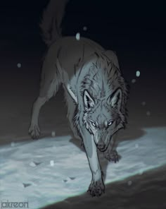 a drawing of a wolf running in the snow