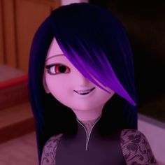 an animated woman with purple hair and piercings looks at the camera while standing in front of stairs