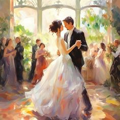 a painting of a bride and groom dancing in front of a group of other people