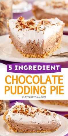 chocolate pudding pie with whipped cream and pecans on top is the perfect dessert for any special occasion