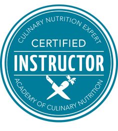 the certified instructor badge for culinary nutrition expert, with scissors and palm trees on it