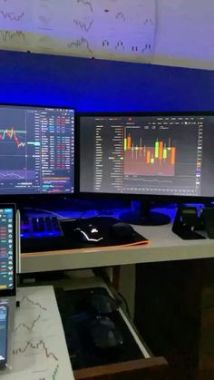 three computer monitors sitting next to each other on top of a white desk in front of a blue wall