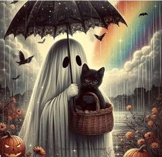 a painting of a cat sitting in a basket under an umbrella next to pumpkins