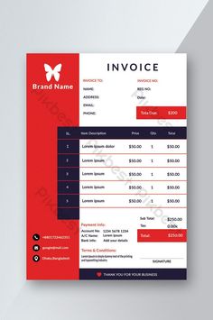 a red and blue invoice with a butterfly on it