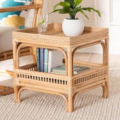 a wicker coffee table with books on it and a potted plant in the corner