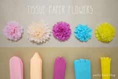 tissue paper flowers arranged in different colors and sizes on a piece of paper with the words tissue paper flowers written below them