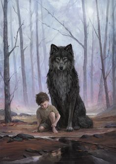 a painting of a boy sitting next to a wolf in the woods with his head down