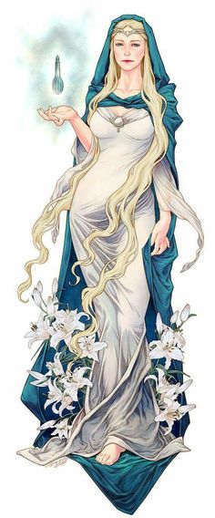 a drawing of a woman with long blonde hair wearing a white dress and holding flowers