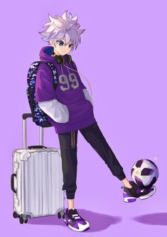 an anime character is holding a soccer ball and wearing headphones while standing next to a suitcase