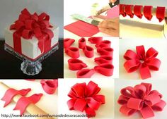 red bows are being used to decorate a cake