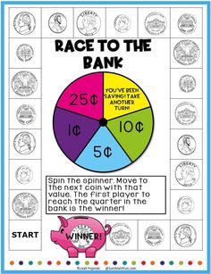 a printable race to the bank game with coins on it and numbers for each coin