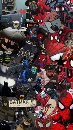 a collage of many different types of superheros and their names on the wall