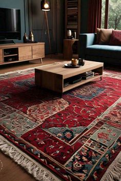 a living room filled with furniture and a red rug