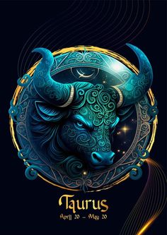 the zodiac sign taurus is depicted in an ornate frame on a dark background with swirls