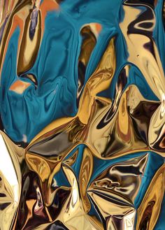 an abstract painting with gold and blue colors