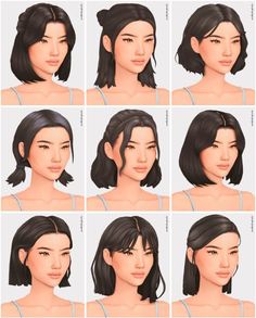 an animation character's face with different expressions and hair styles, including long black hair