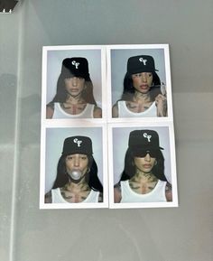 four polaroid photos of a woman with tattoos and a hat on her head, in front of a refrigerator