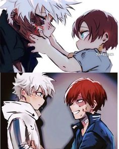 two anime characters one with red hair and the other with white hair holding his hand