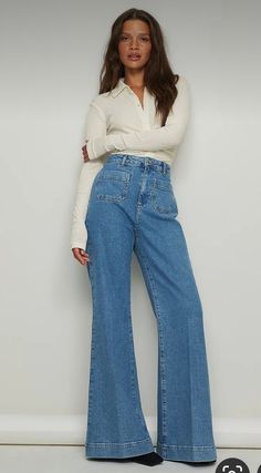 A Line Jeans Outfit, Front Pocket Jeans Outfit, 70s Jeans Outfit, High Waisted Wide Leg Jeans Outfit, Wide Leg Jean Outfits, Front Pocket Jeans, Wide Jeans Outfit, Wide Leg High Waist Jeans, 70s Mode