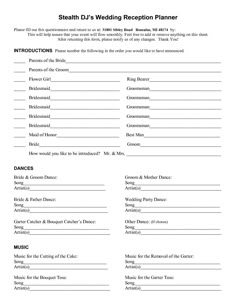 the wedding reception planner is shown in black and white, as well as an additional information sheet