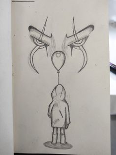 a drawing of a person holding a balloon with two horns on it's head