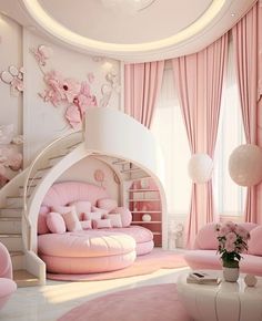 a room with pink furniture and flowers on the walls, in front of a spiral staircase