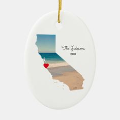 a white ornament with the state of california on it