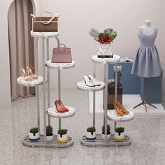 there are several shoes and purses on display